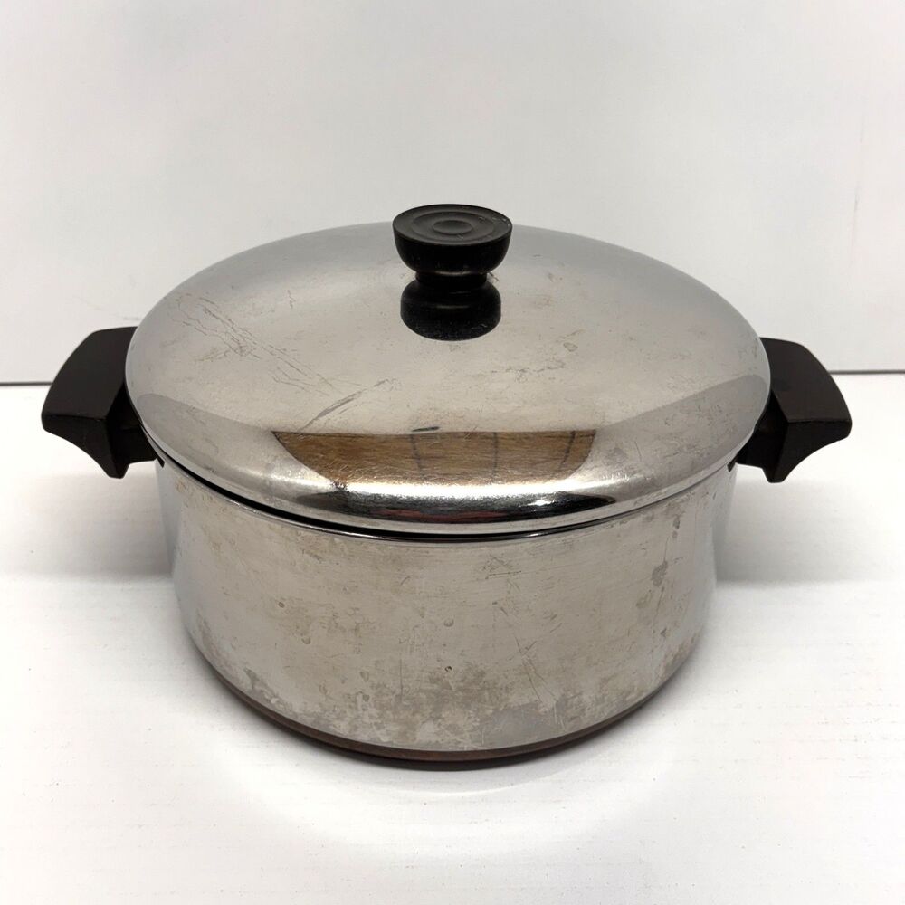 Vtg 1801 Revere Ware 4-1/2 QT Stock Pot Copper Clad Bottom w/Lid Clinton,IL USA